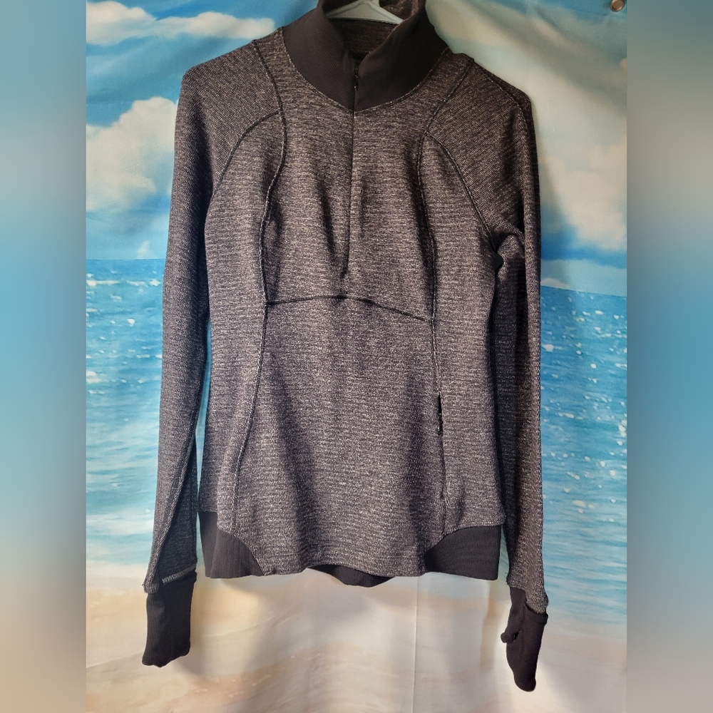 LULULEMON RUNDERFUL HALF ZIP, MINI CHECK PIQUE HEATHERED BLACK/BLACK SIZE 6